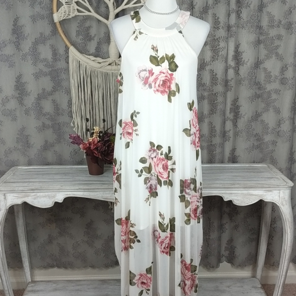 VENUS rose sheer overlay halter dress